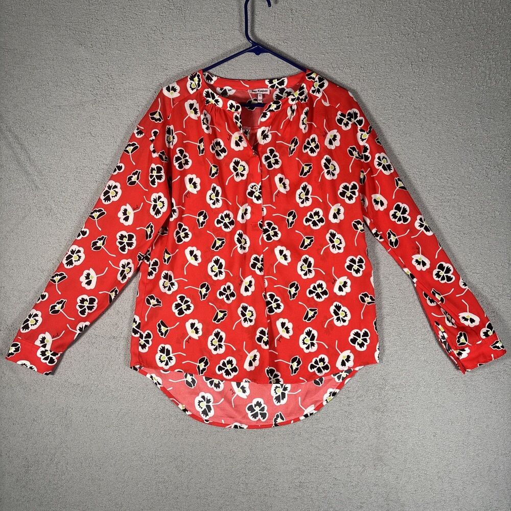 Juicy Couture Blouse Women’s Size M Red Floral Poppy Button Down Business